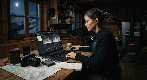 Conservation biologist reviewing infrared telemetry in Alpine cabin